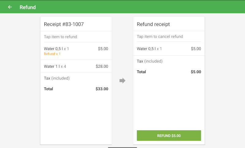 Tap an item in the left column to add it to the refund ticket