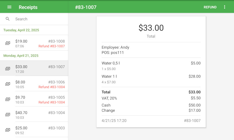 Refunded receipts in the Receipt list