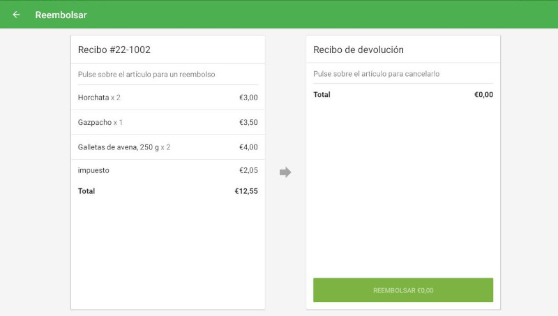 la pantalla Recibo de reembolso