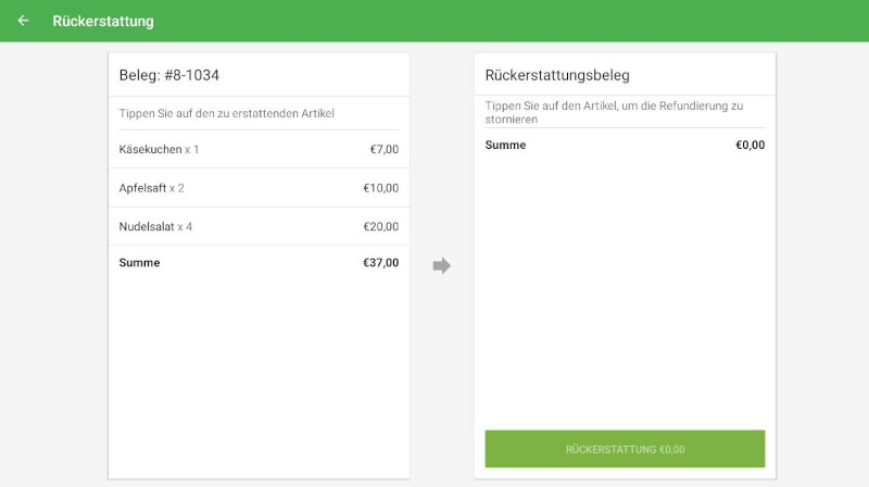 Bildschirm Rückerstattungsbeleg