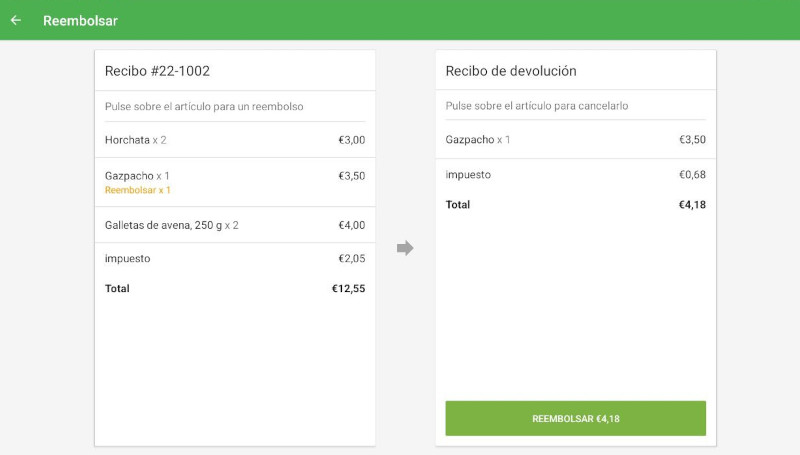 la pantalla Recibo de reembolso