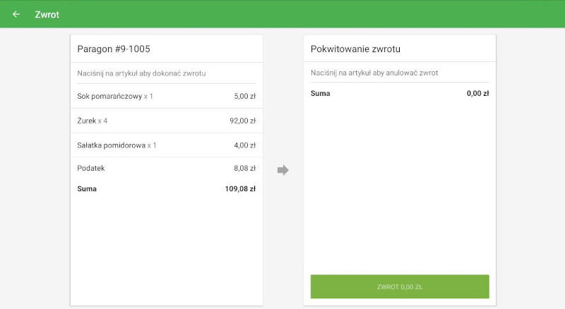 ekran potwierdzenia zwrotu pieniędzy