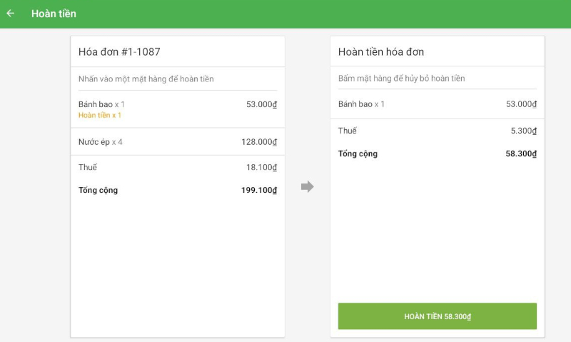 mặt hàng sẽ chuyển ngay vào phiếu hoàn tiền