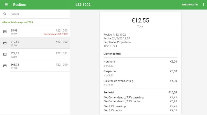 Los recibos reembolsados se resaltan en texto rojo Reembolso dentro de la lista de recibos.