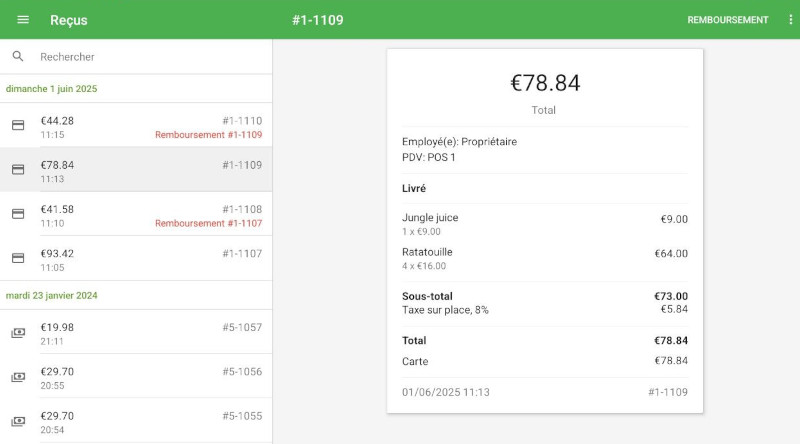 Remboursement dans la liste des reçus