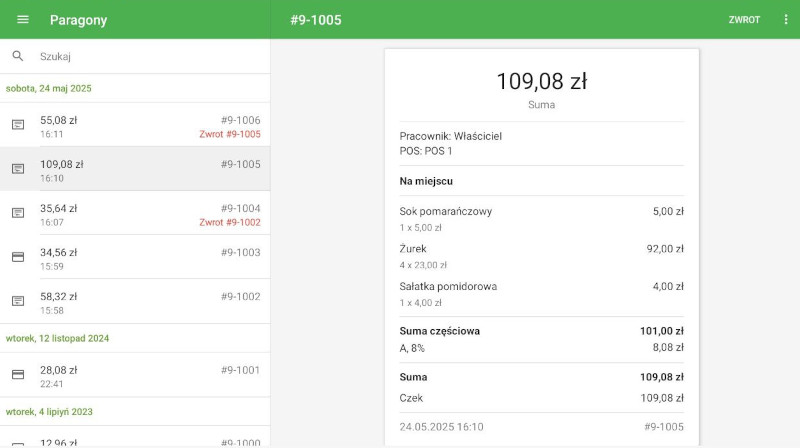 Zwrócone paragony są wyróżnione czerwonym tekstem Zwrot na liście paragonów.
