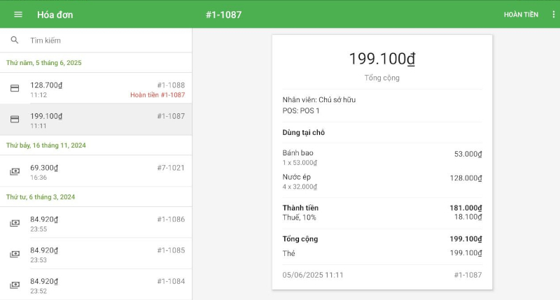 Các hóa đơn đã hoàn tiền được làm nổi bật bằng chữ Hoàn tiền màu đỏ trong danh sách Hóa đơn.