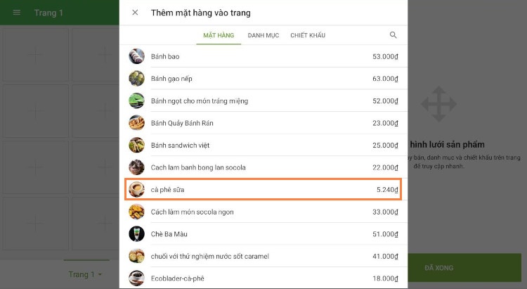 Chọn mặt hàng để đặt vào ô vuông đó