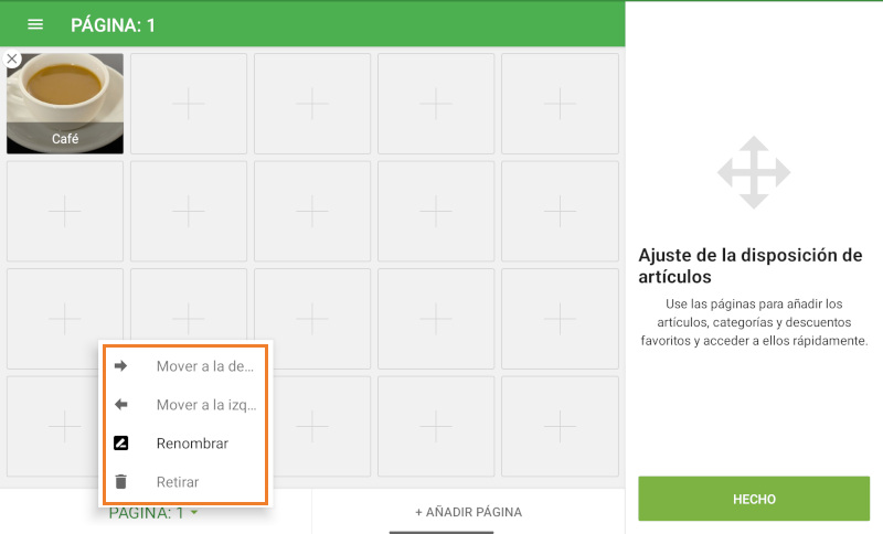 menú con las acciones disponibles