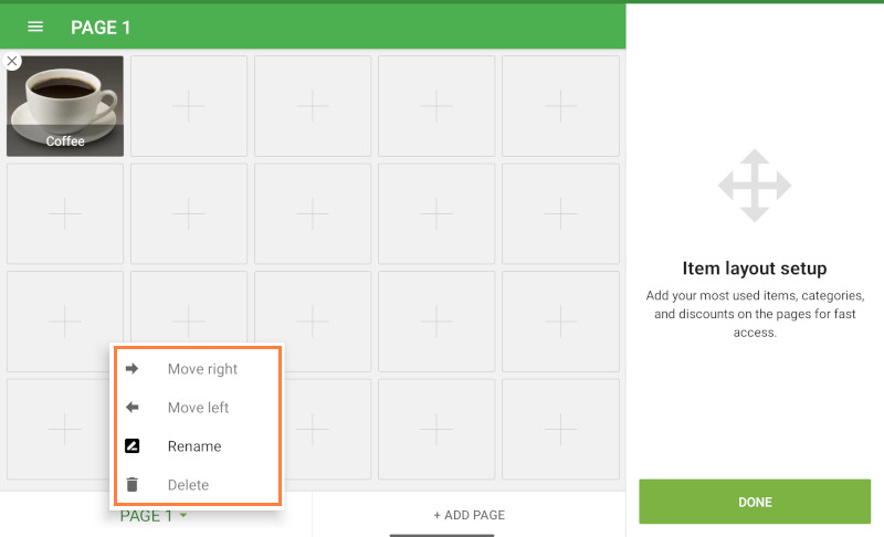 menu with available actions on pages