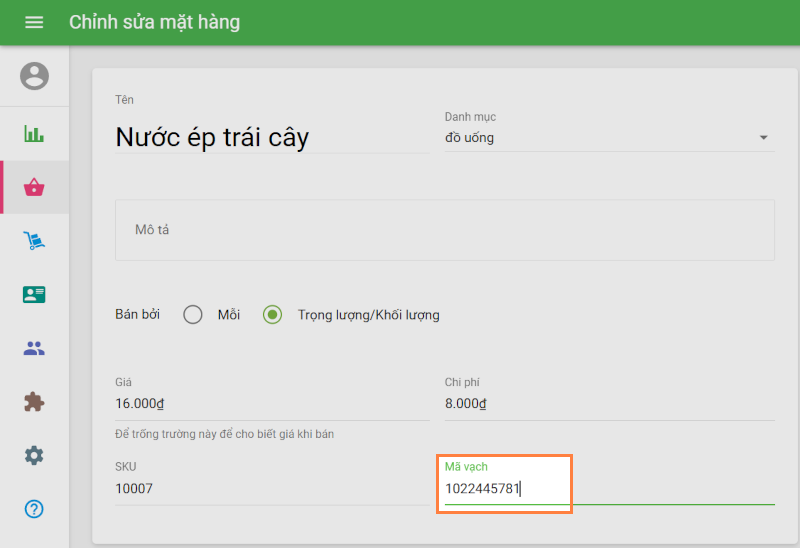 Tìm mã vạch trên mặt hàng của bạn rồi nhập vào trường Mã vạch.
