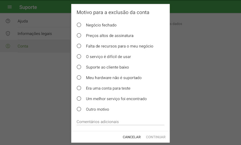 O Loyverse oferece um pequeno questionário para entender o motivo da exclusão.