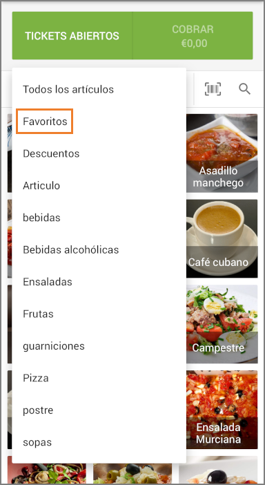 En el menú desplegable 'Todos los artículos', seleccione 'Favoritos'.