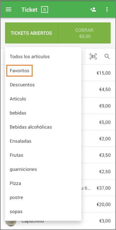 Nel menu a discesa Tutti gli articoli, seleziona Preferiti