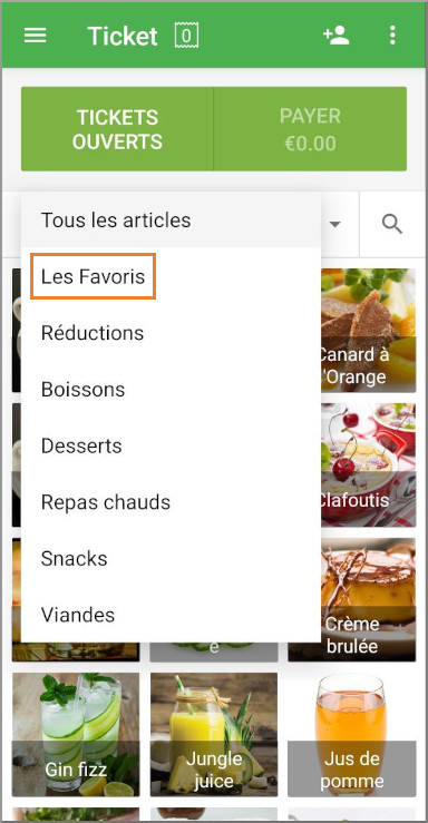 Dans le menu déroulant "Tous les articles", sélectionnez "Favoris"