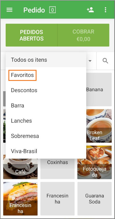 No menu suspenso "Todos os itens", selecione "Favoritos"
