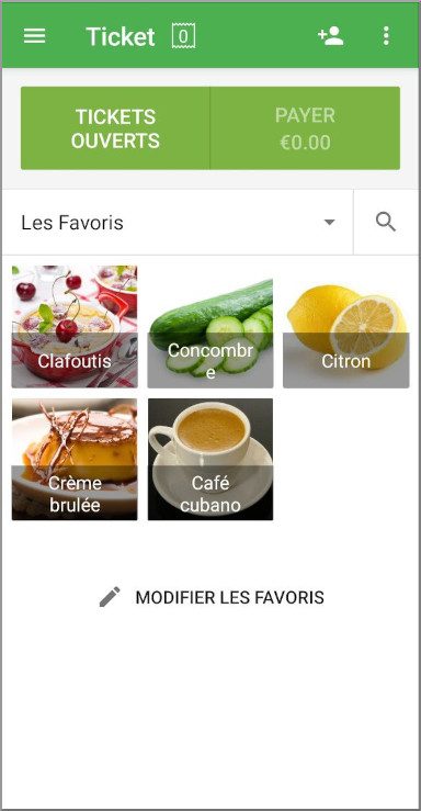vous pouvez utiliser les favoris lors de la vente en appuyant sur l'article pour l'ajouter au tickets