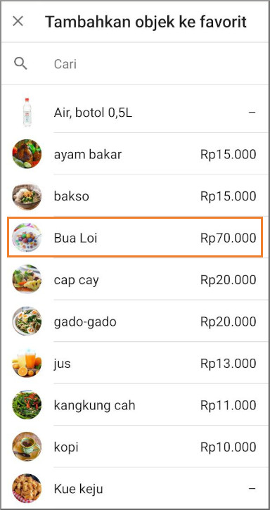 Pilih item dari daftar semua item. 