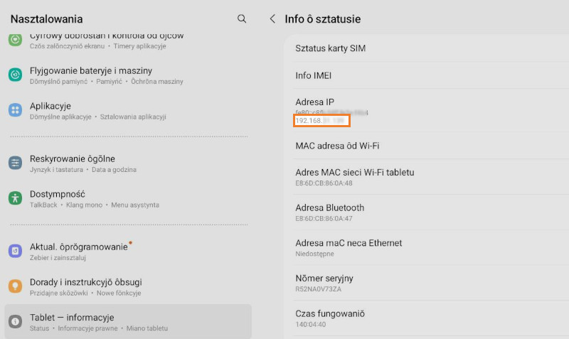w menu "Informacje o urządzeniu" przycisk Status