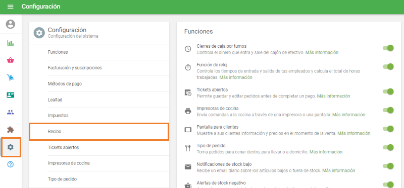 En el menú principal, seleccione 'Configuración' y, a continuación, elija la sección 'Recibo'
