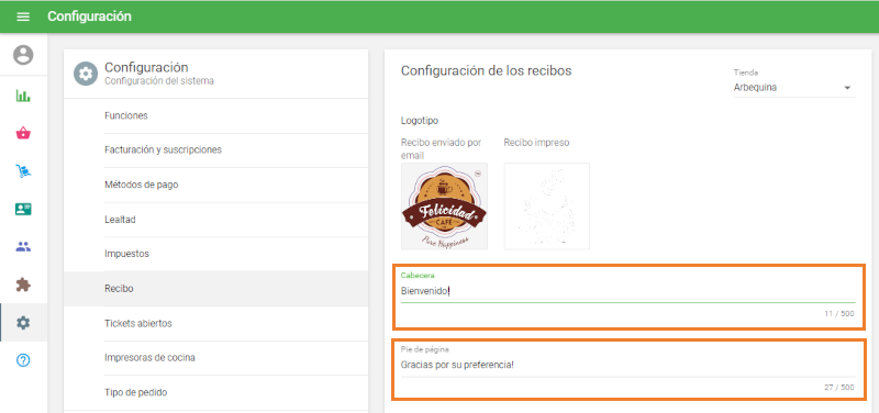 los campos 'Encabezado' y 'Pie'