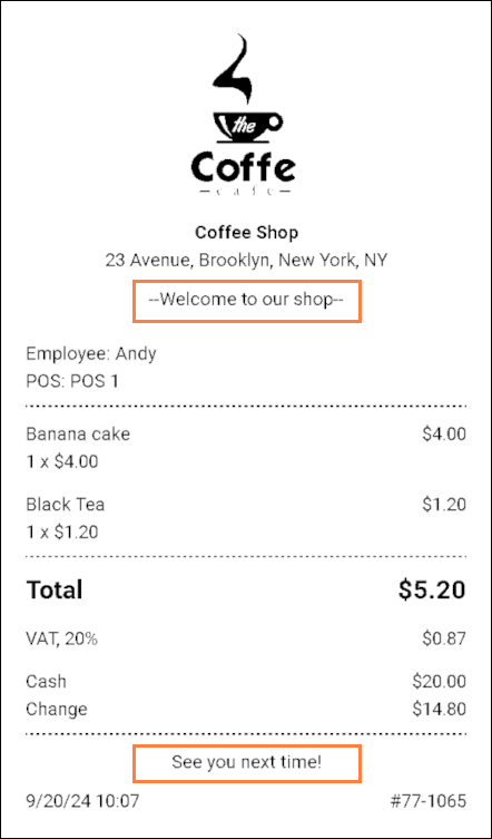 printed receipt with text in the header and footer