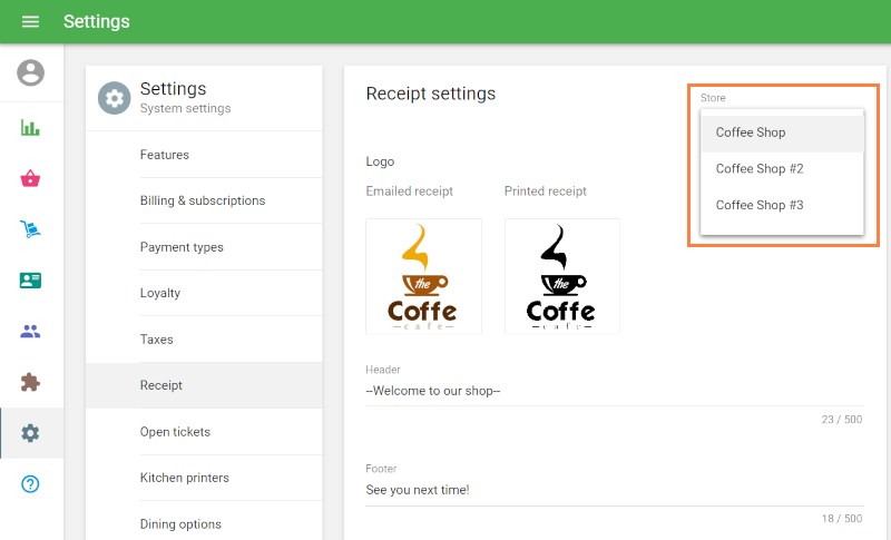 store selector in receipt settings