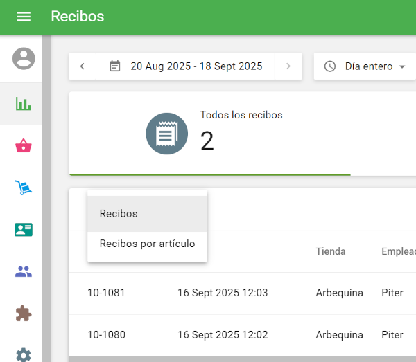 Seleccione «Recibos» o «Recibos por artículo»