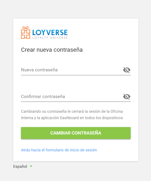 la página de restablecimiento de contraseña