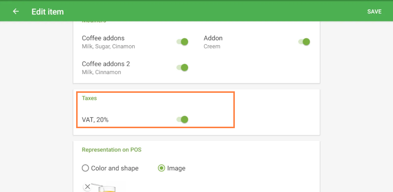 enable or disable a tax in the item card.