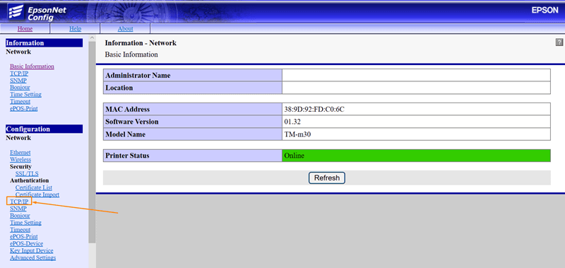 プリンターの設定画面が開きますので、「TCP/IP」に移動します。