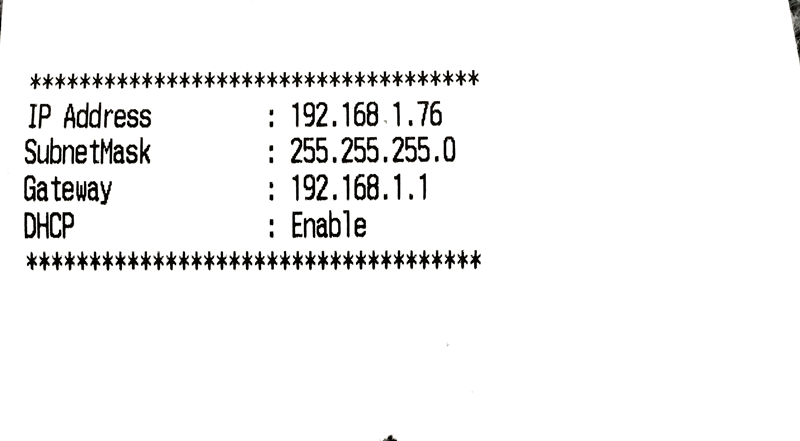 プリンターの電源をつけてしばらく待つと、プリンターのIPアドレスが印刷されます。