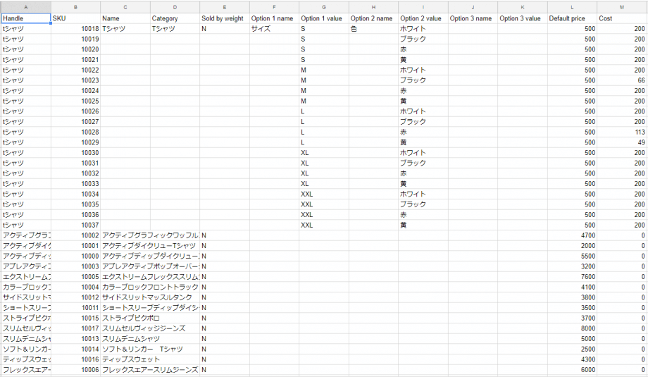 商品のインポートおよびエクスポート