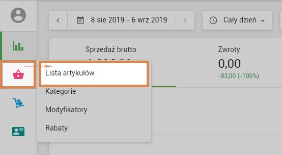 menu „Listy artykułów”
