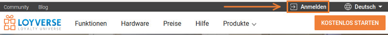 Sie können sich von der Loyverse-Startseite im Back Office einloggen, indem Sie auf 'Anmelden' drücken.