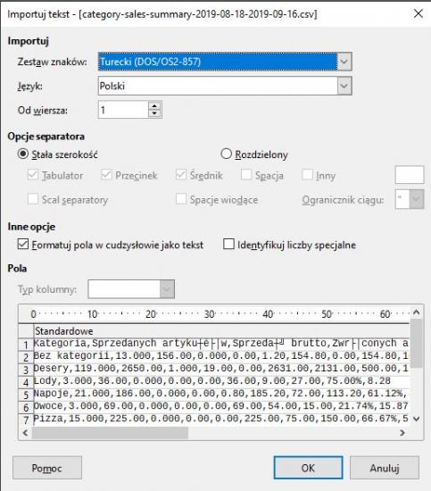 okno "Import tekstu"