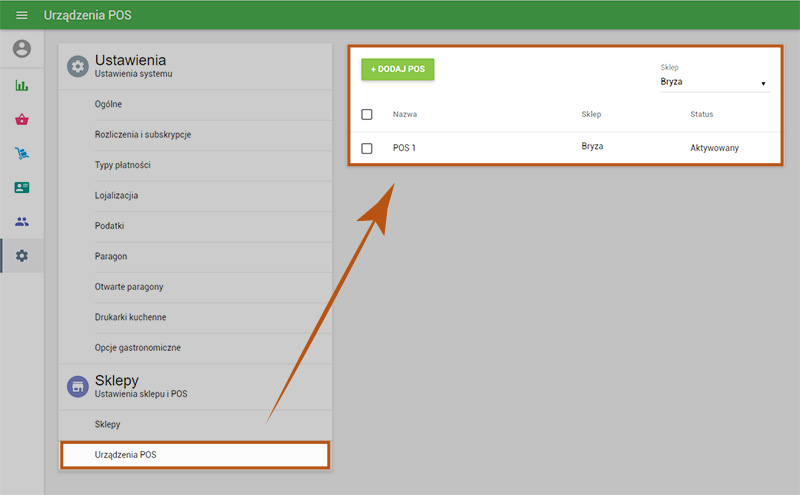dodawanie nowego POS w sekcji „Urządzenia POS”.