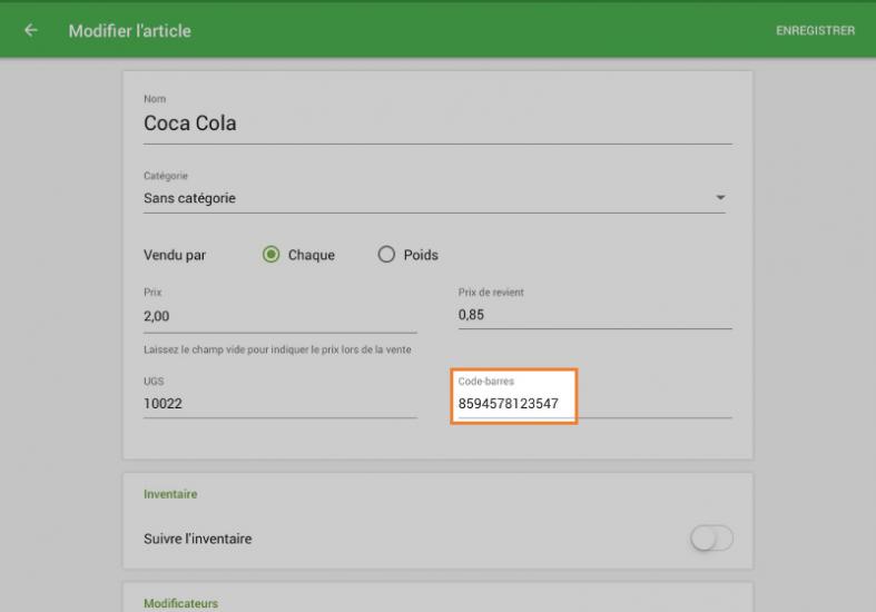le champ Code à barres