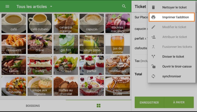 le bouton «Imprimer l'addition» dans le menu déroulant