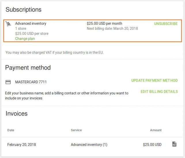 information about subscription for Advanced inventory