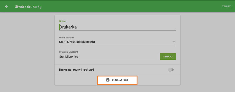 przycisk "Drukuj test"