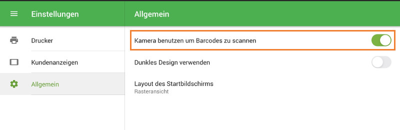 Als erstes müssen Sie die Option "Kamera benutzen um Barcodes zu scannen" in der Loyverse POS App unter den Allgemeine Einstellungen aktivieren.