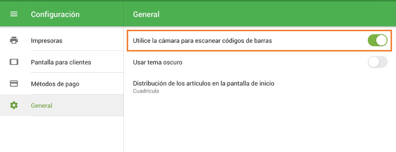 Opción "utilice la cámara para escanear códigos de barras"