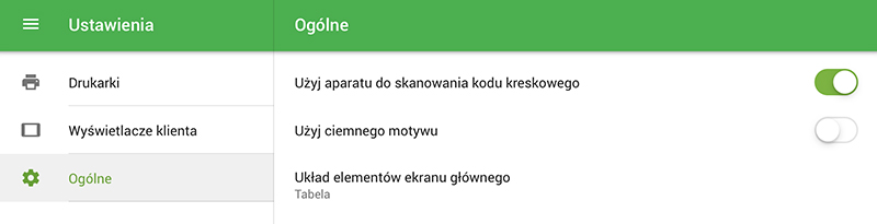 opcia „Użyj aparatu do skanowania kodów kreskowych” w aplikacji Loyverse POS w Ustawieniach ogólnych.