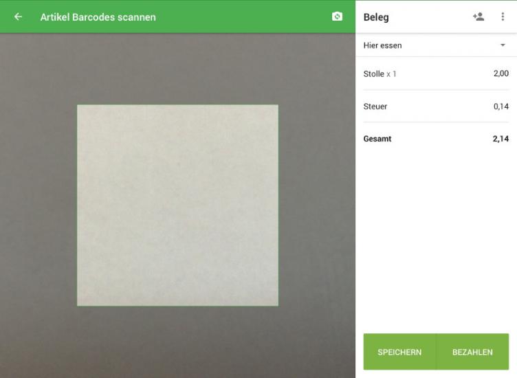 Die Kamera wird den Barcode lesen und der Artikel wird in der Artikelliste im Beleg angezeigt.