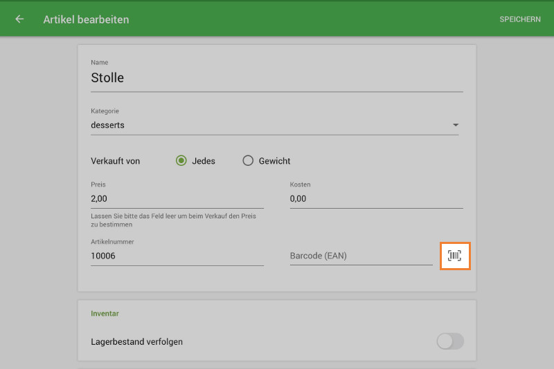 Öffnen Sie im Menü Loyverse POS 'Artikel' den Eintrag zur Bearbeitung und tippen Sie auf die Scan-Taste neben dem Barcodefeld.