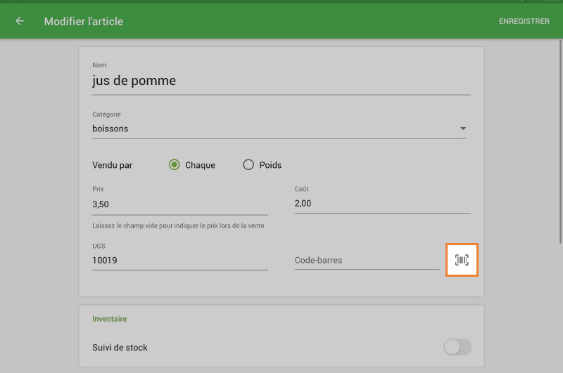 Loyverse PDV « Articles » menu ouvrir les articles pour modifier et appuyez sur la touche "scan" près du champ code-barres.