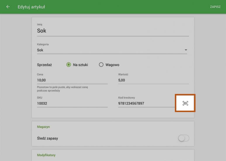 przycisk skanowania obok pola Kod kreskowy