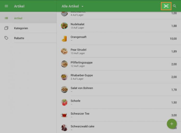 Sie können die eingebaute Kamera auch über die Liste der Artikel aktivieren.