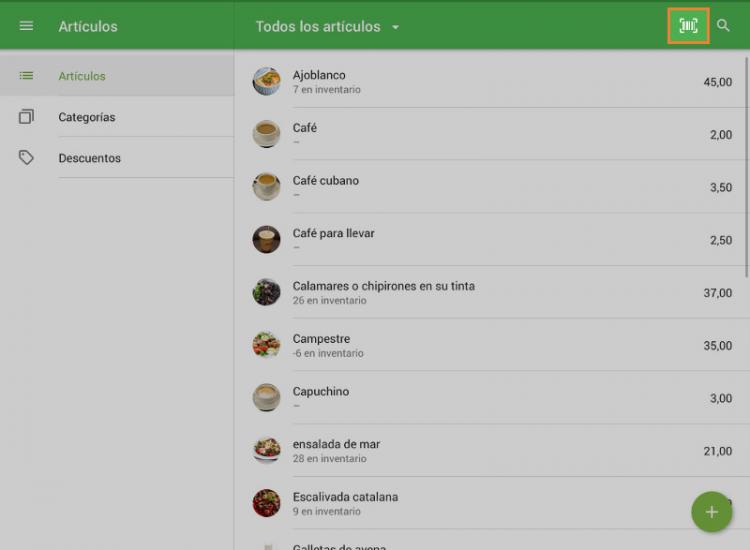 botón de escaneo en la lista de artículos